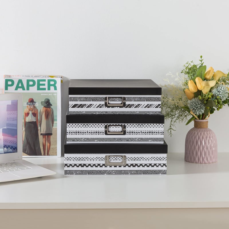 SLPR Nesting Decorative Storage Boxes With Lids for Home Decor - Set of 3: Black and White Photo Storage, Cardboard Document Boxes for Scrapbook, Keepsake, Memories - Image 2